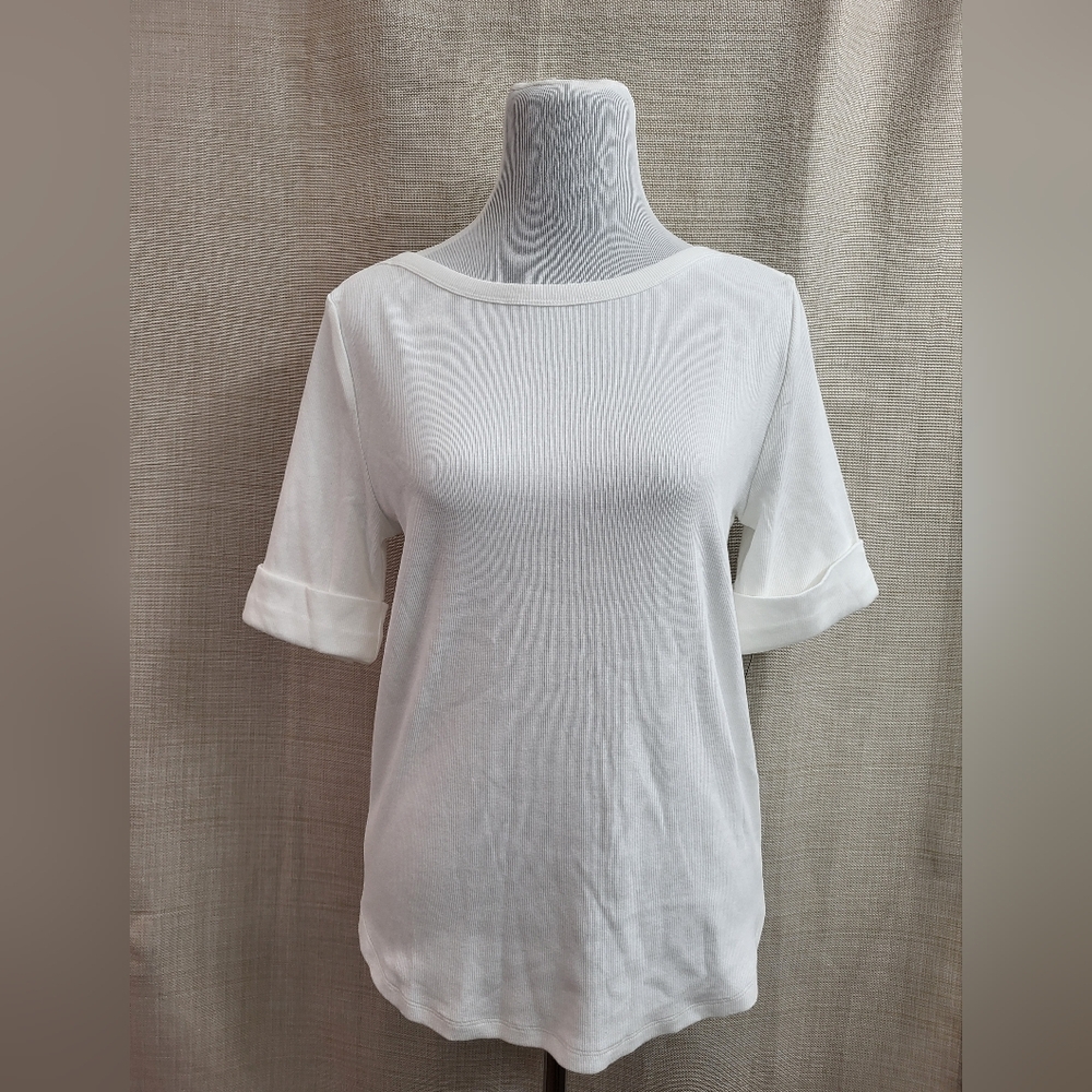 Talbots Women's White Ribbed Knit Stretch Boat Neck‎ 3/4 Sleeve Top Size Lg NWT
